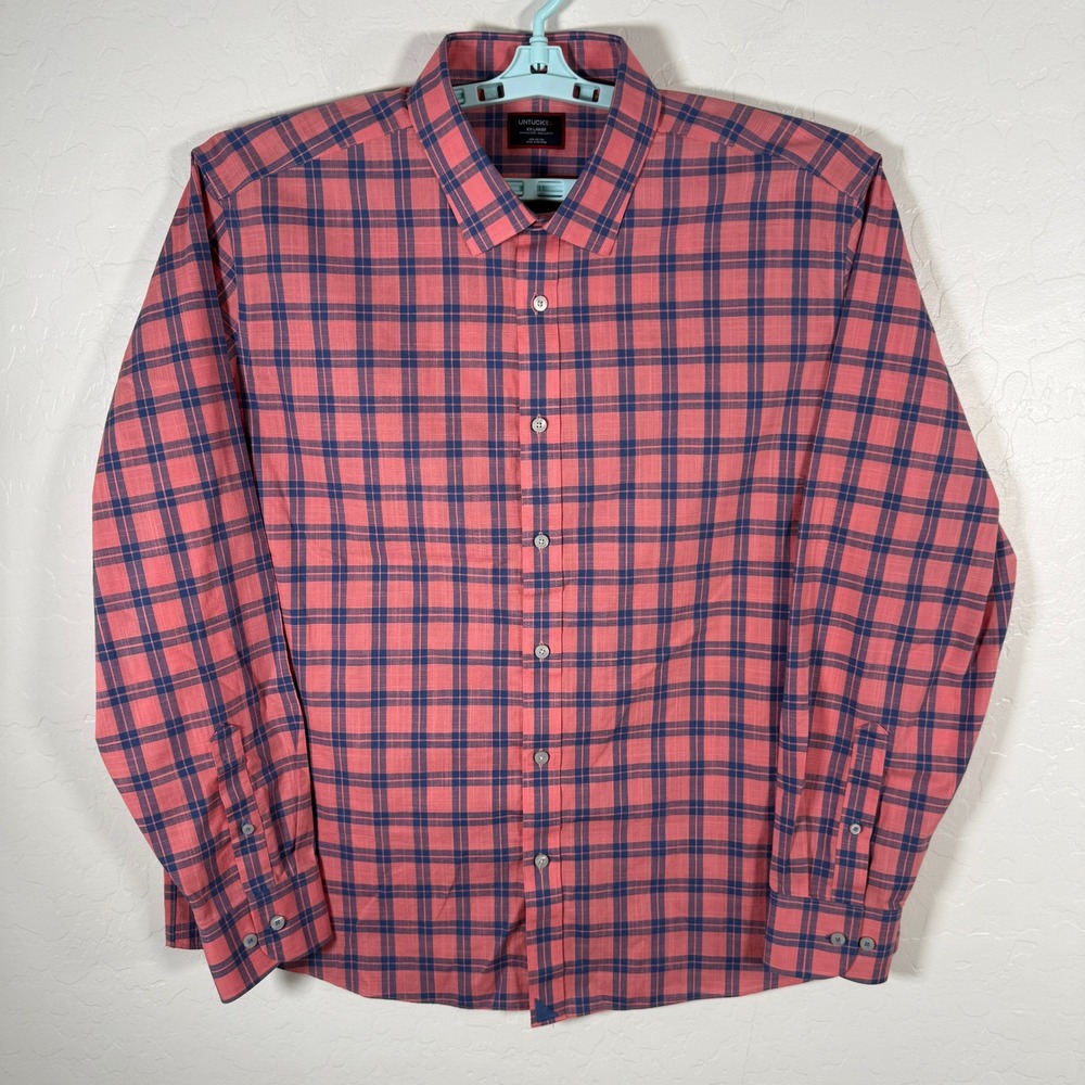Untuckit Shirt Mens 2XL Rose Pink Plaid Clark Wrinkle Free Button Up Long Sleeve